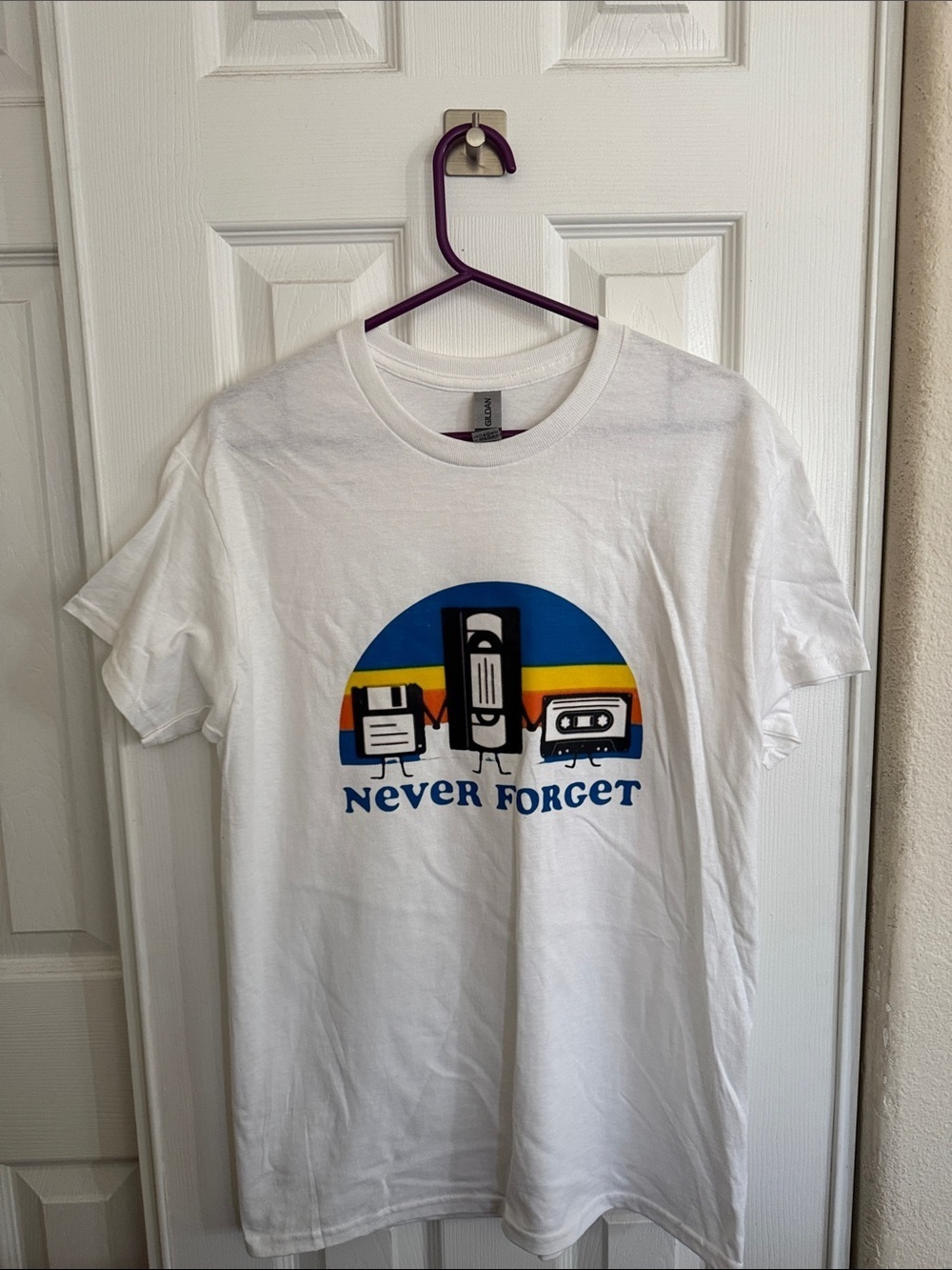 Gildan White Graphic Tee with Blue, Yellow and Orange Accents